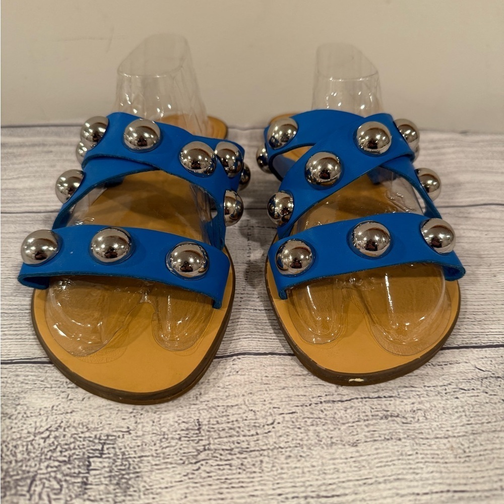 Marc Fisher Blue Studded Slide Sandals Size 8.5 Statement Stud Flats - Picture 4 of 14